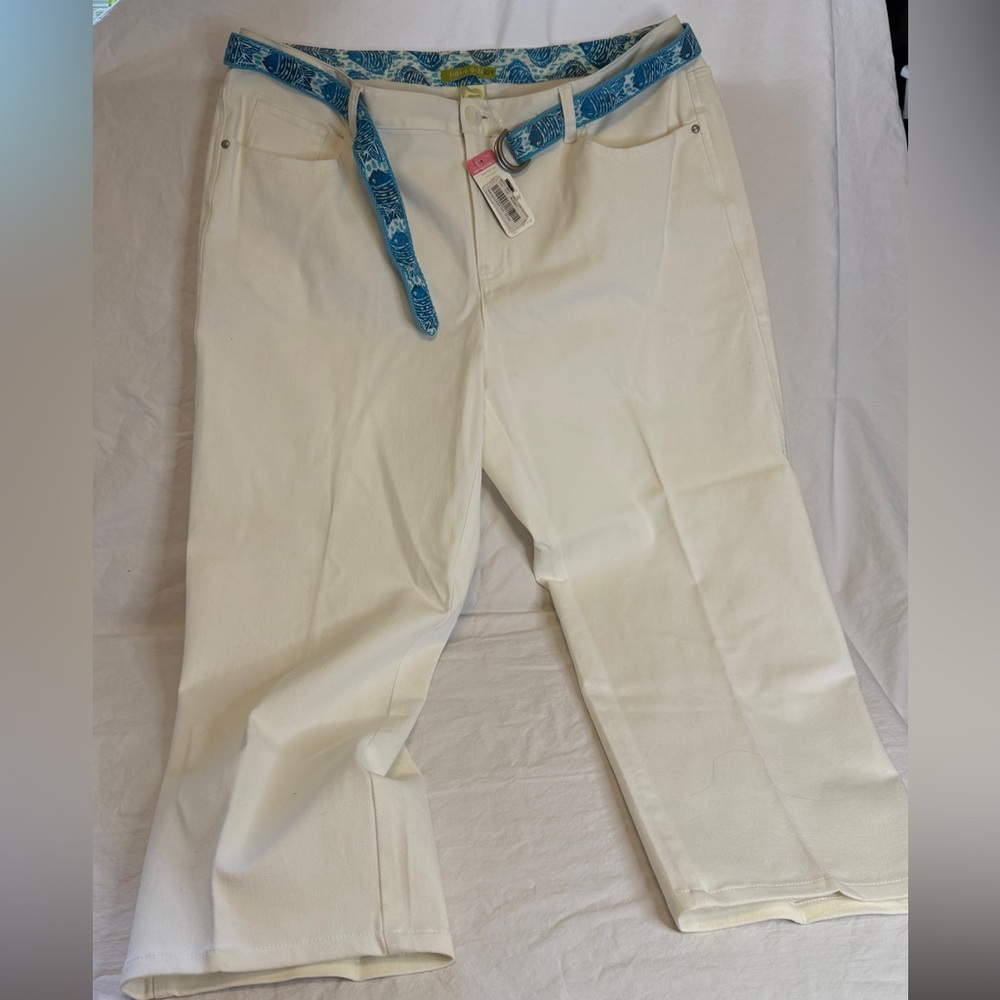 Sigrid Olsen Cream Flare Jeans with Blue Belt